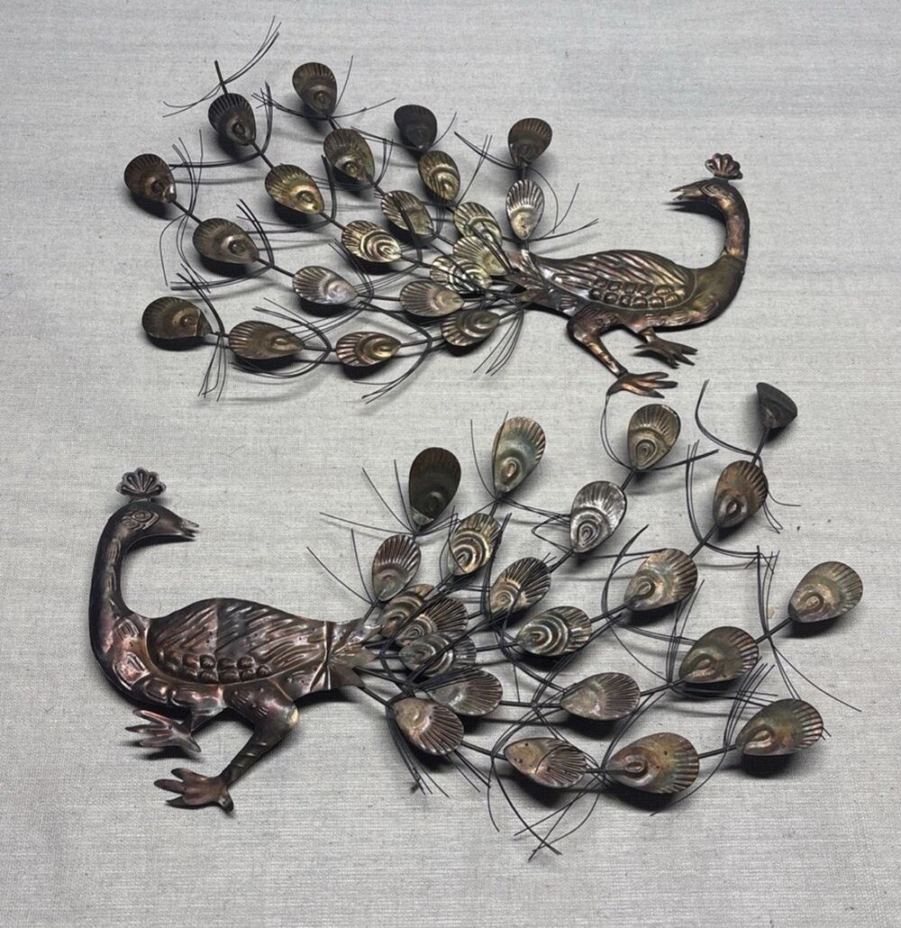 Pair of Vintage Peacock Metal Wall Hangings Birds Hong Kong MCM Collectible